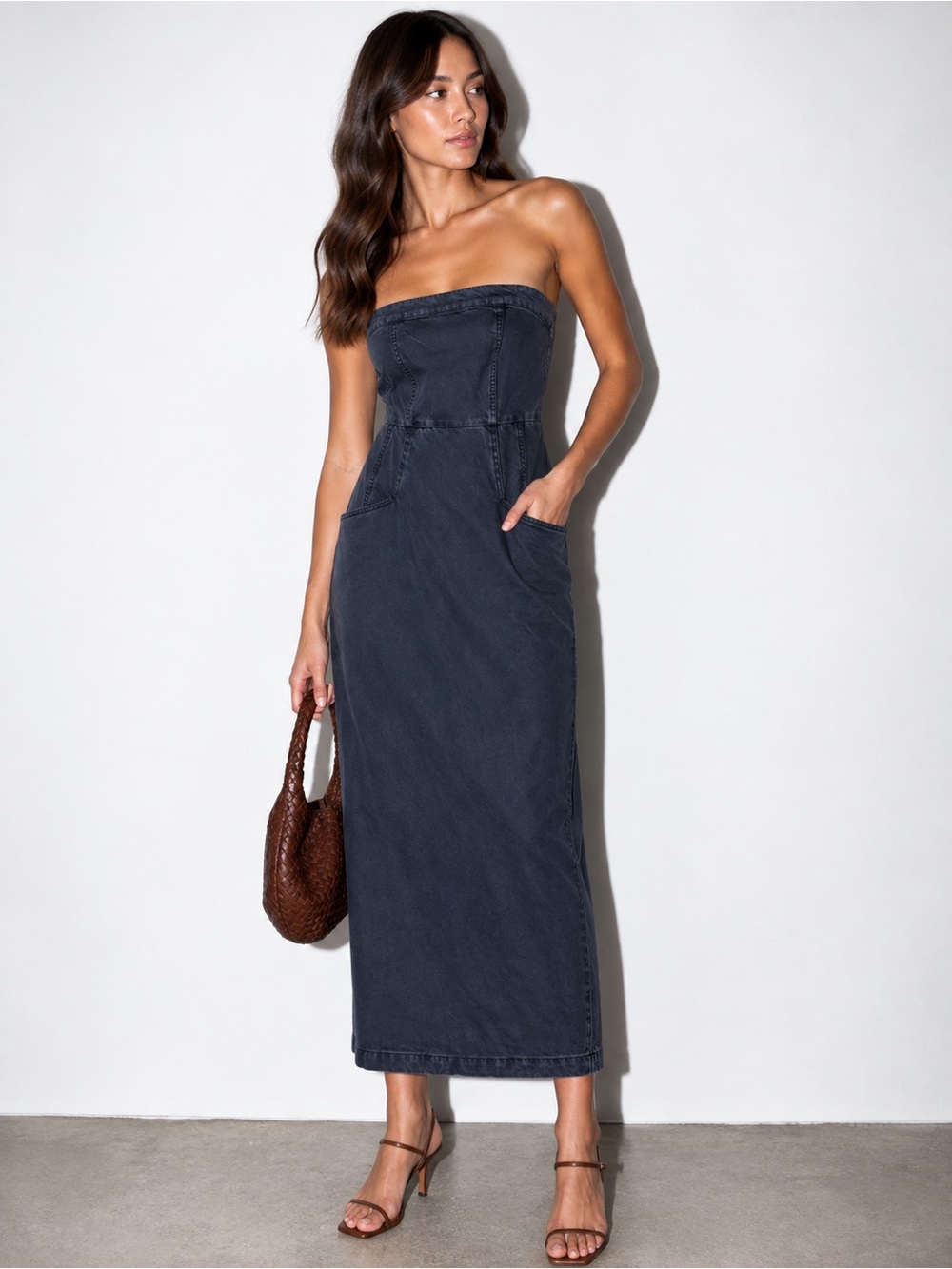 NWT Young Fabulous & Broke YFB Denim Strapless Midi Dress Dark Wash Navy XS